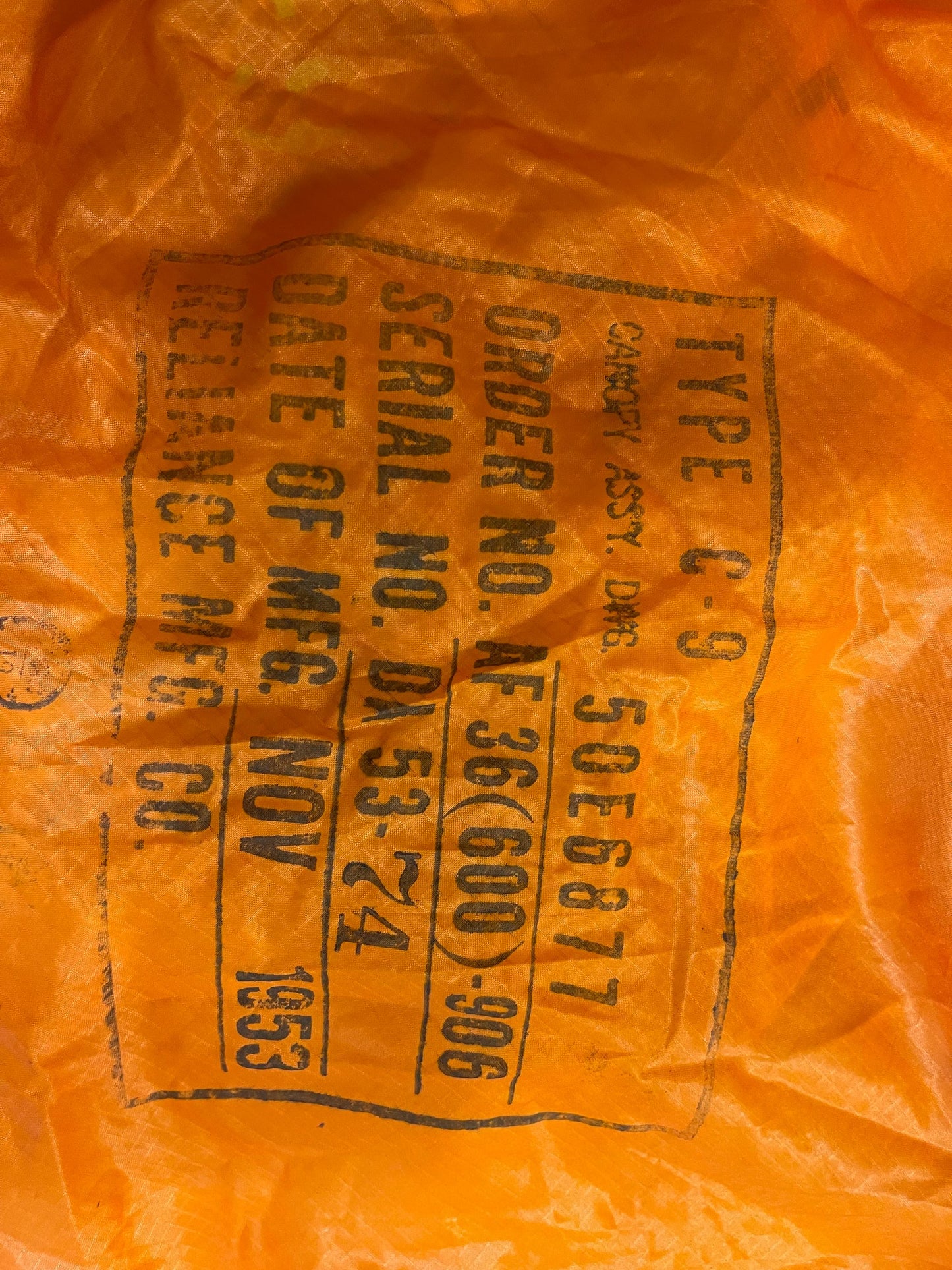 US military 28 ft. Round Orange and white Nylon Parachute with harness , lines and small white chute,