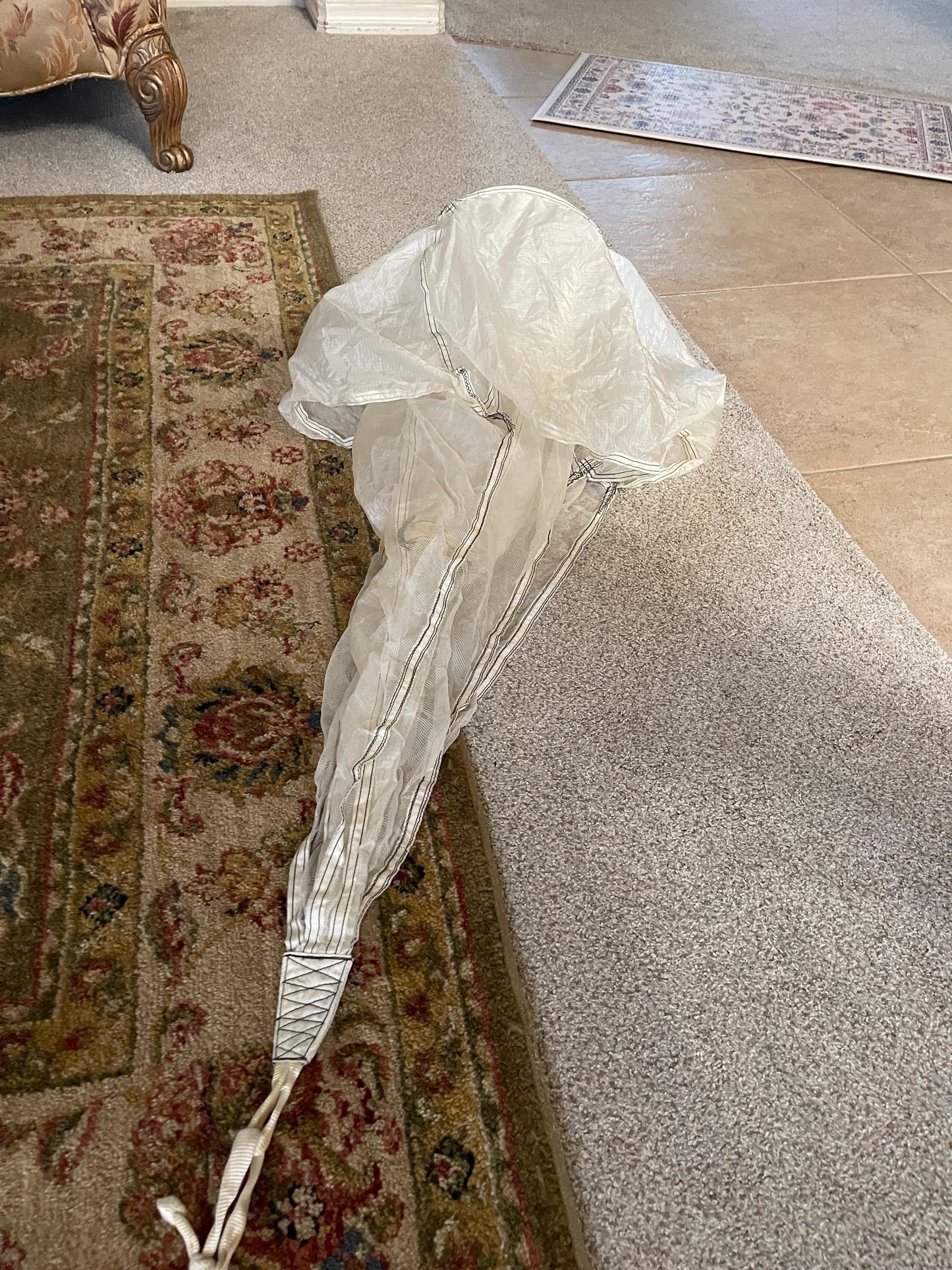 US military 28 ft. Round Orange and white Nylon Parachute with harness , lines and small white chute,