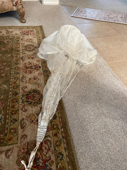 US military 28 ft. Round Orange and white Nylon Parachute with harness , lines and small white chute,