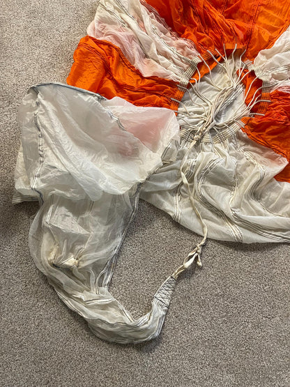US military 28 ft. Round Orange and white Nylon Parachute with harness , lines and small white chute,