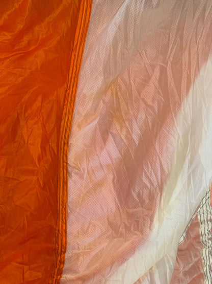 US military 28 ft. Round Orange and white Nylon Parachute with harness , lines and small white chute,