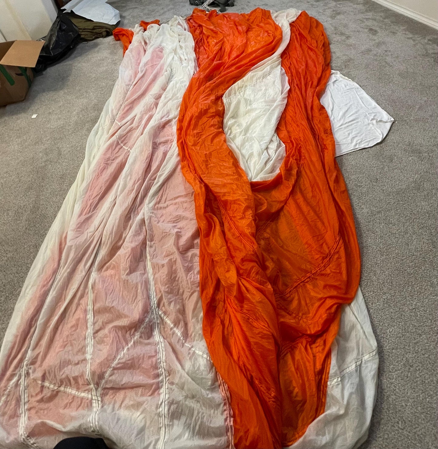 US military 28 ft. Round Orange and white Nylon Parachute with harness , lines and small white chute,