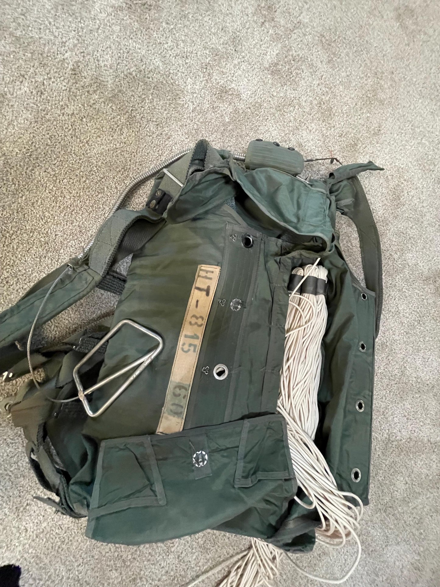 US military 28 ft. Round Orange and white Nylon Parachute with harness , lines and small white chute,