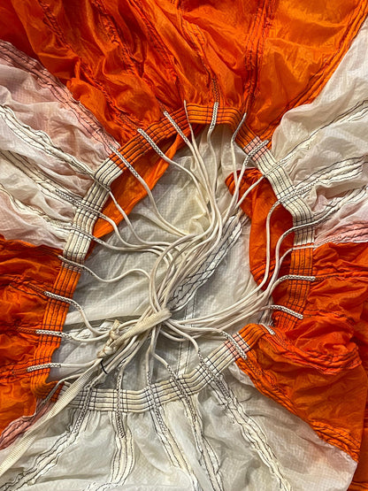 US military 28 ft. Round Orange and white Nylon Parachute with harness , lines and small white chute,