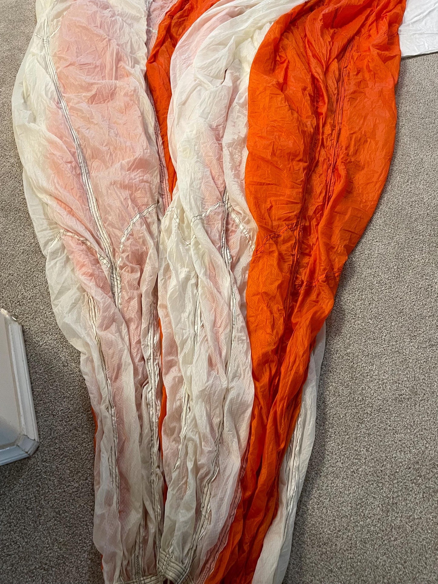 US military 28 ft. Round Orange and white Nylon Parachute with harness , lines and small white chute,