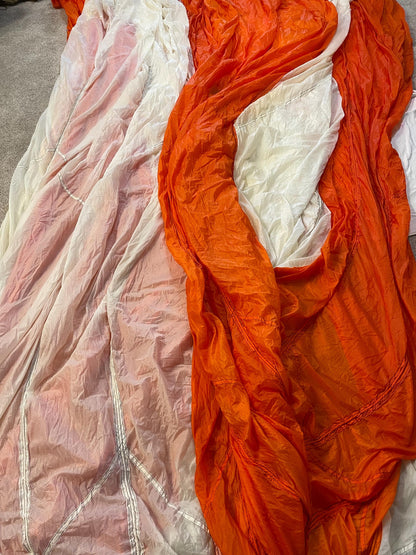 US military 28 ft. Round Orange and white Nylon Parachute with harness , lines and small white chute,