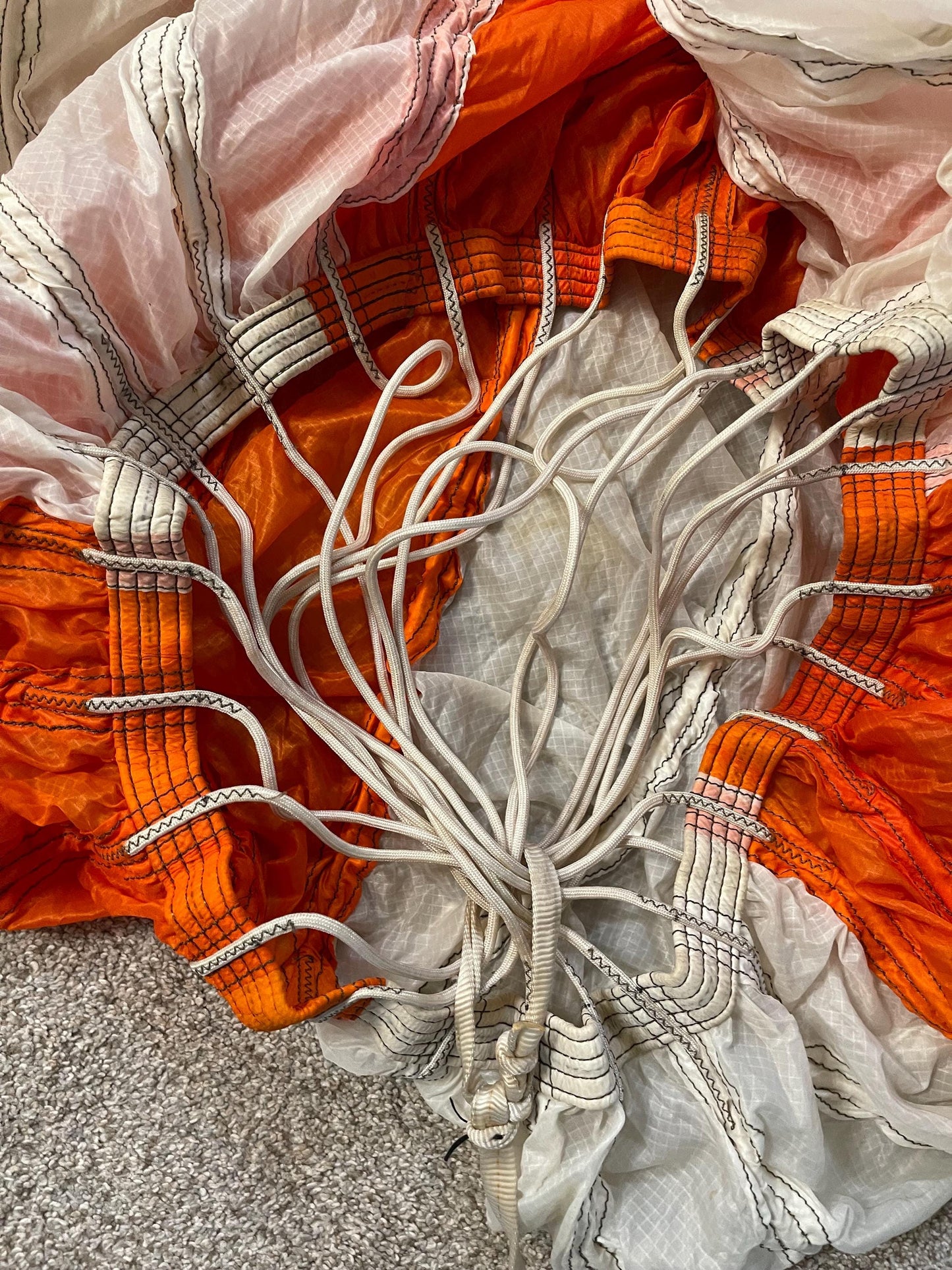 US military 28 ft. Round Orange and white Nylon Parachute with harness , lines and small white chute,