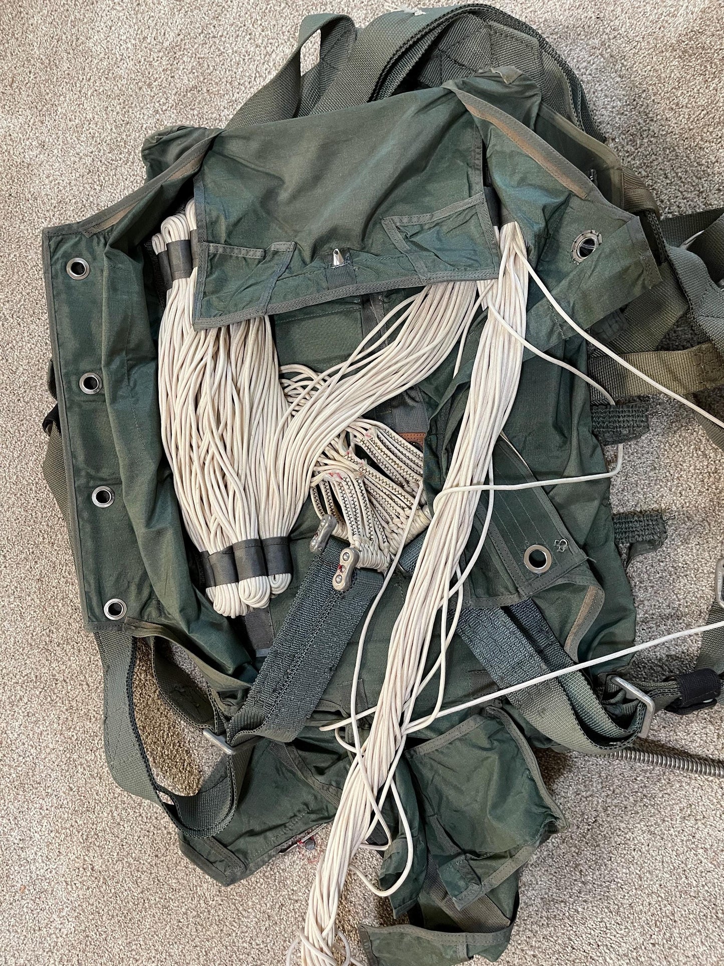 US military 28 ft. Round Orange and white Nylon Parachute with harness , lines and small white chute,