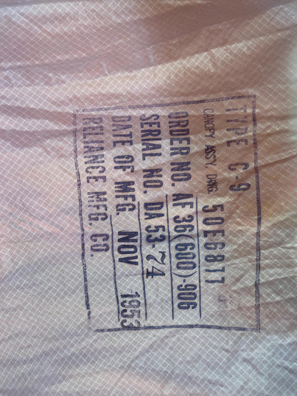 US military 28 ft. Round Orange and white Nylon Parachute with harness , lines and small white chute,