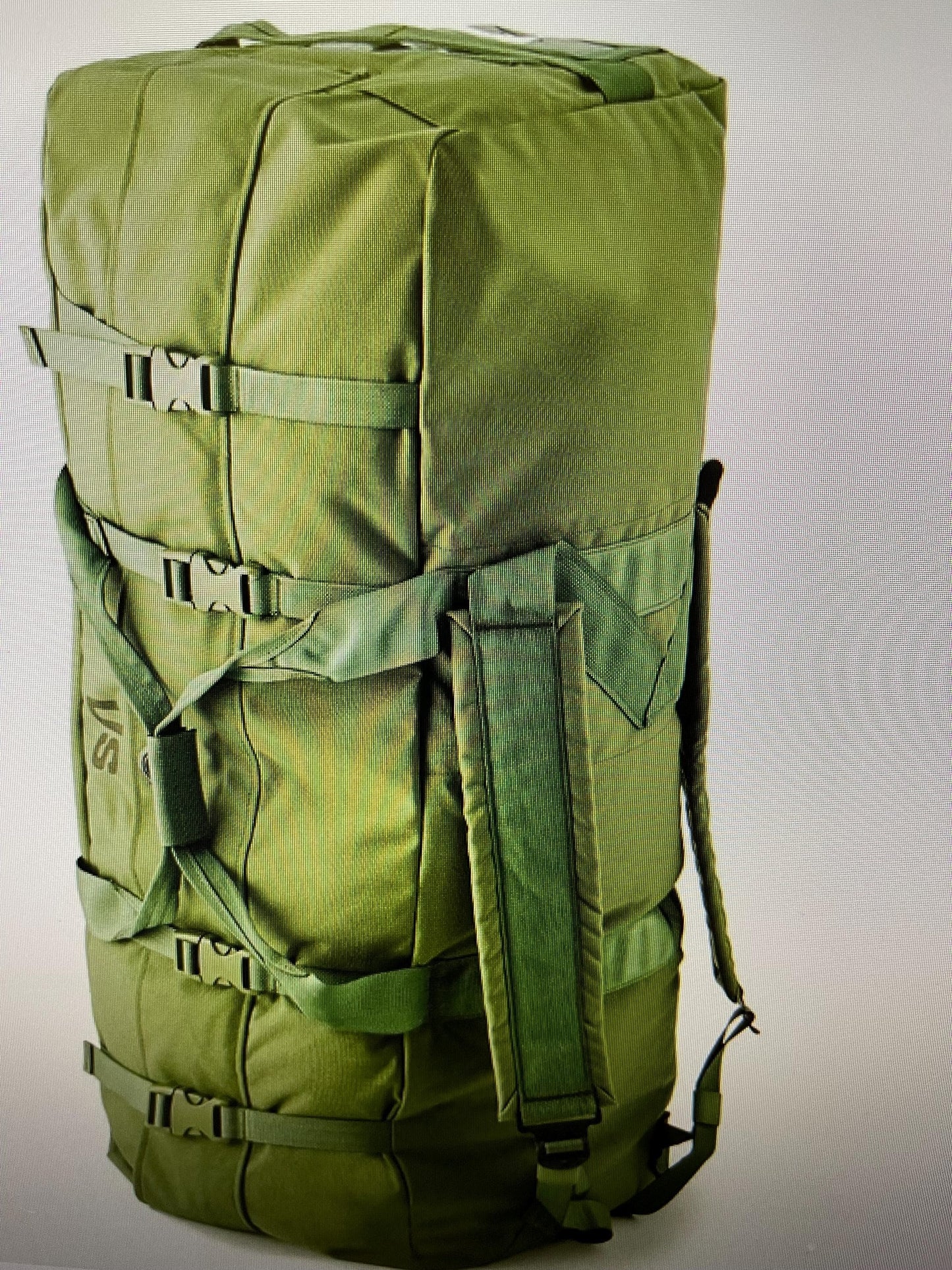Genuine US Military OD green Improved duffle bag with backpack shoulder straps.