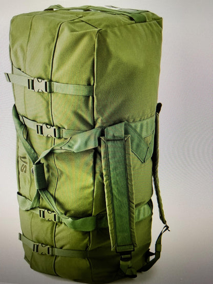 Genuine US Military OD green Improved duffle bag with backpack shoulder straps.