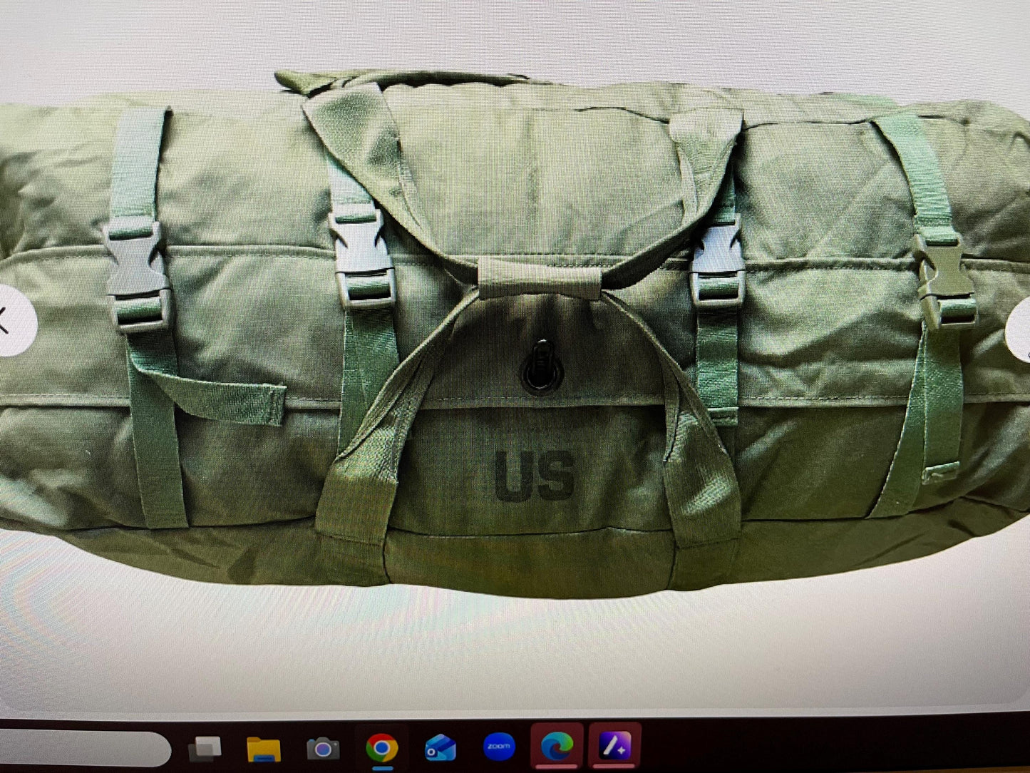 Genuine US Military OD green Improved duffle bag with backpack shoulder straps.