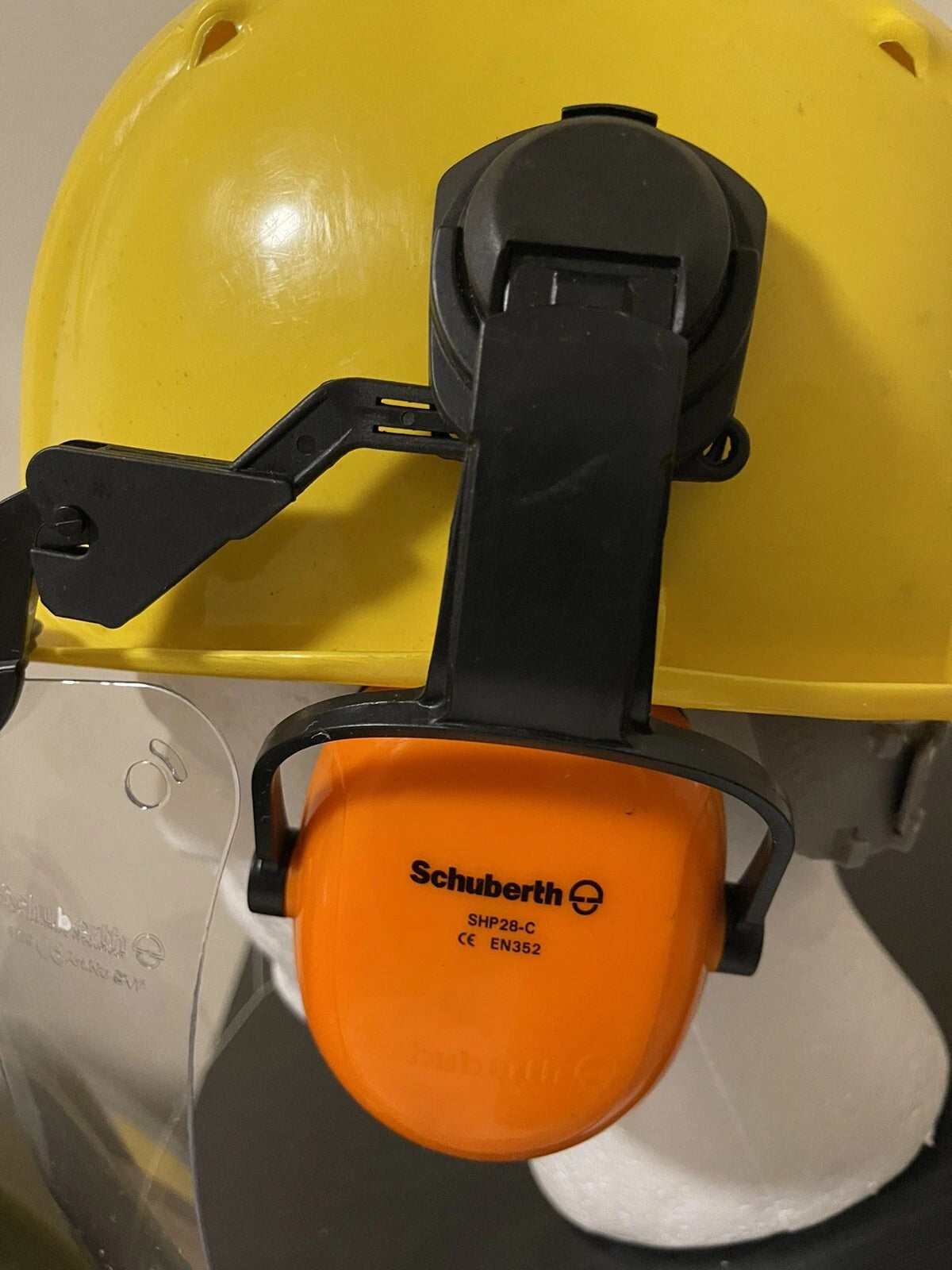 GERMAN YELLOW SAFETY HELMET W/EAR PROTECTION & VISOR LIKE NEW - Image 6