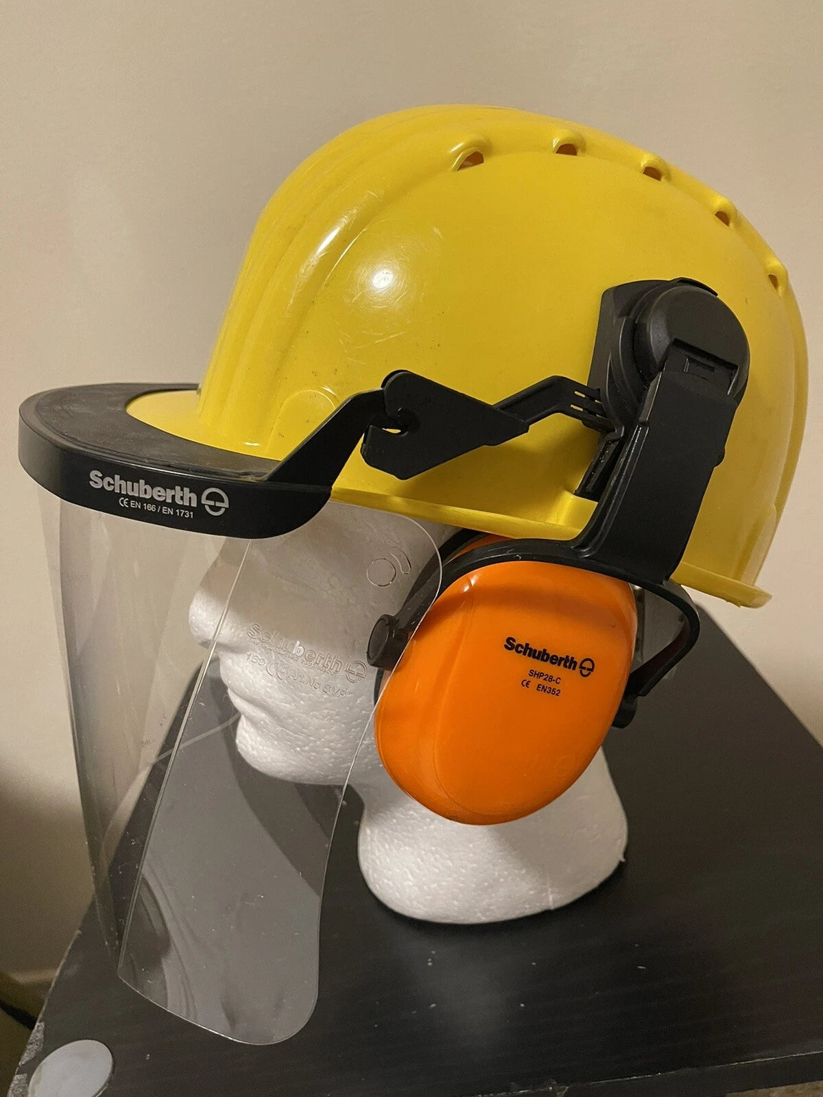 GERMAN YELLOW SAFETY HELMET W/EAR PROTECTION & VISOR LIKE NEW - Image 2
