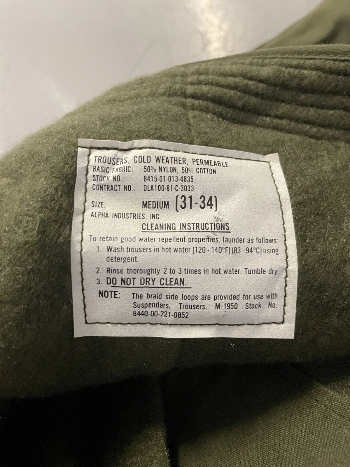 US Navy Nyco OD Cold Weather Permeable Deck Pants  Med. Reg.Alpha Ind .New. - Image 3