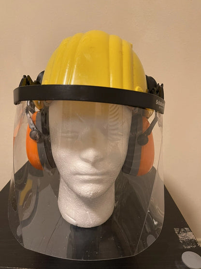 GERMAN YELLOW SAFETY HELMET W/EAR PROTECTION & VISOR LIKE NEW - Image 1