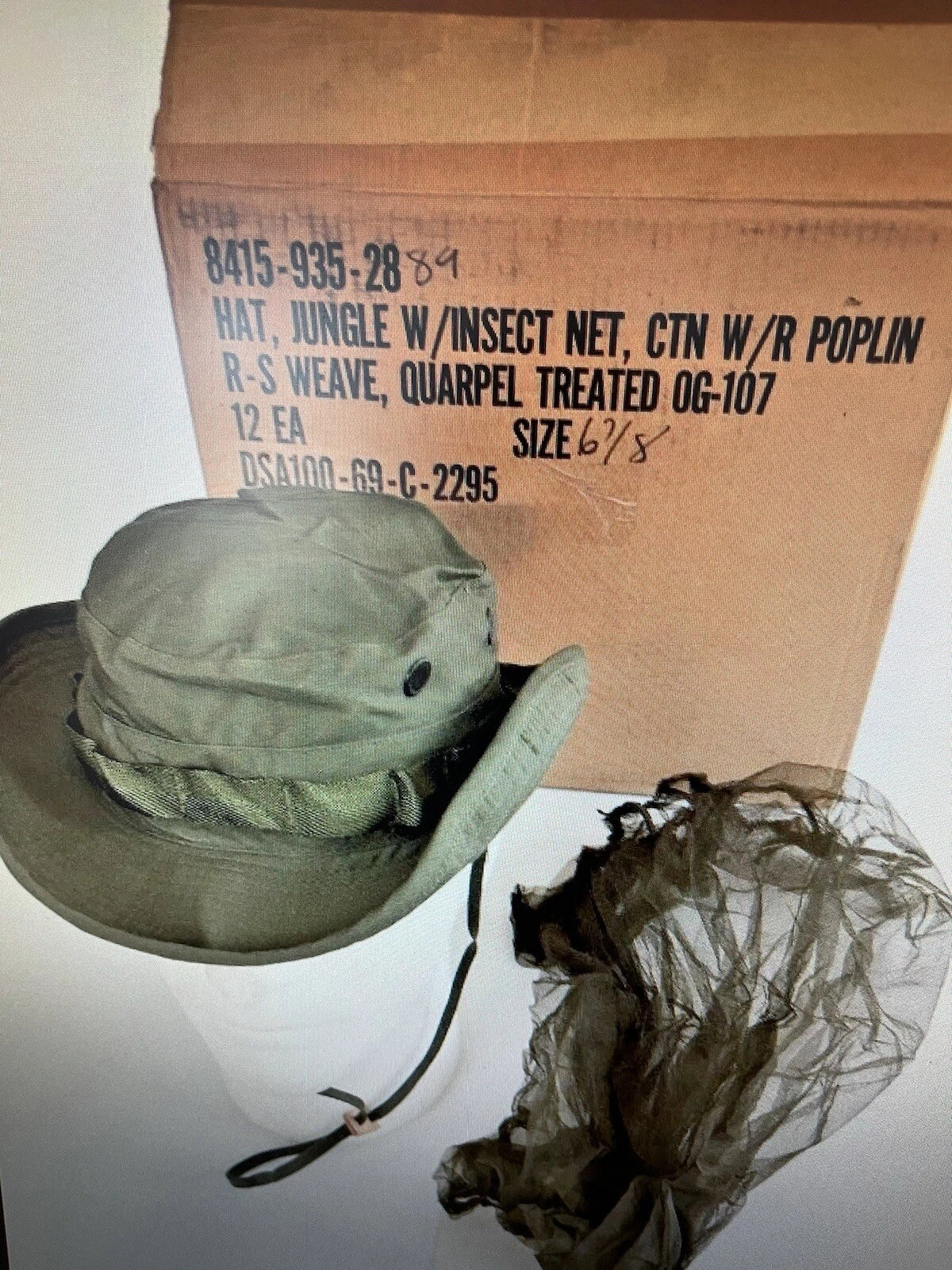 US 1969VIETNAM ERA OD JUNGLE BOONIE HAT 67/8 OG/107 NEW W MOSQUITO NET NIP - Image 1