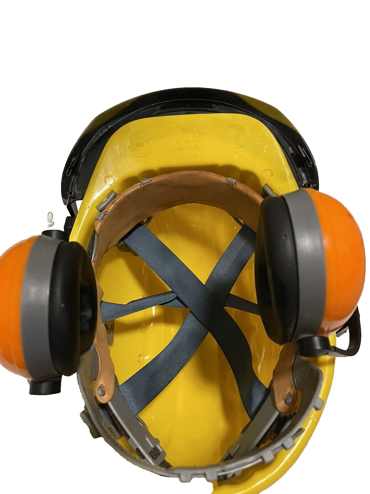 GERMAN YELLOW SAFETY HELMET W/EAR PROTECTION & VISOR LIKE NEW - Image 3