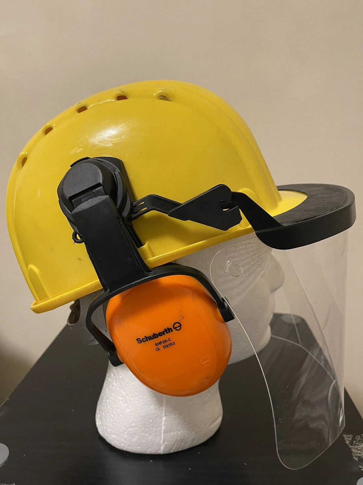 GERMAN YELLOW SAFETY HELMET W/EAR PROTECTION & VISOR LIKE NEW - Image 4